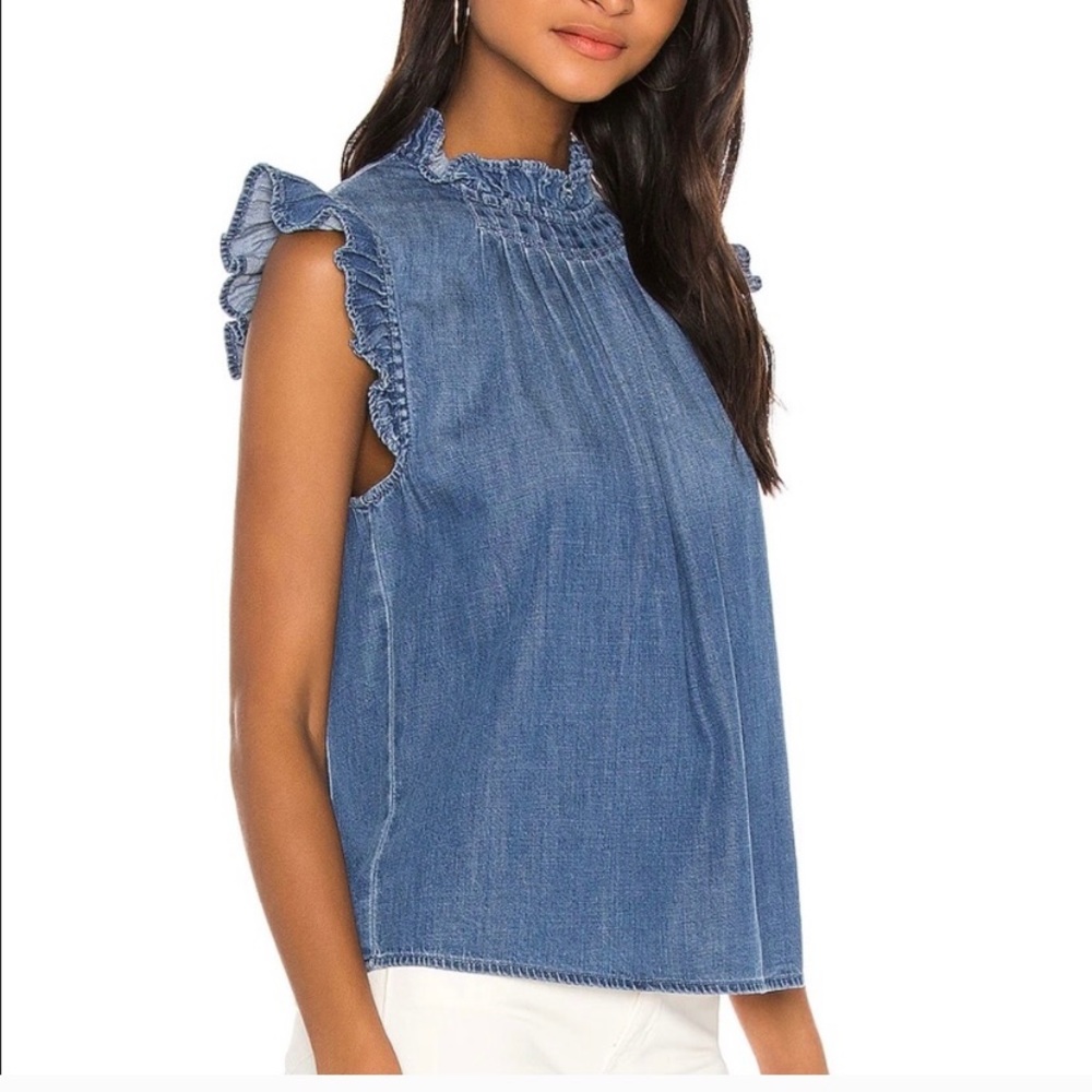 FRAME Ruffle-Trimmed Denim Top - Picture 2 of 7